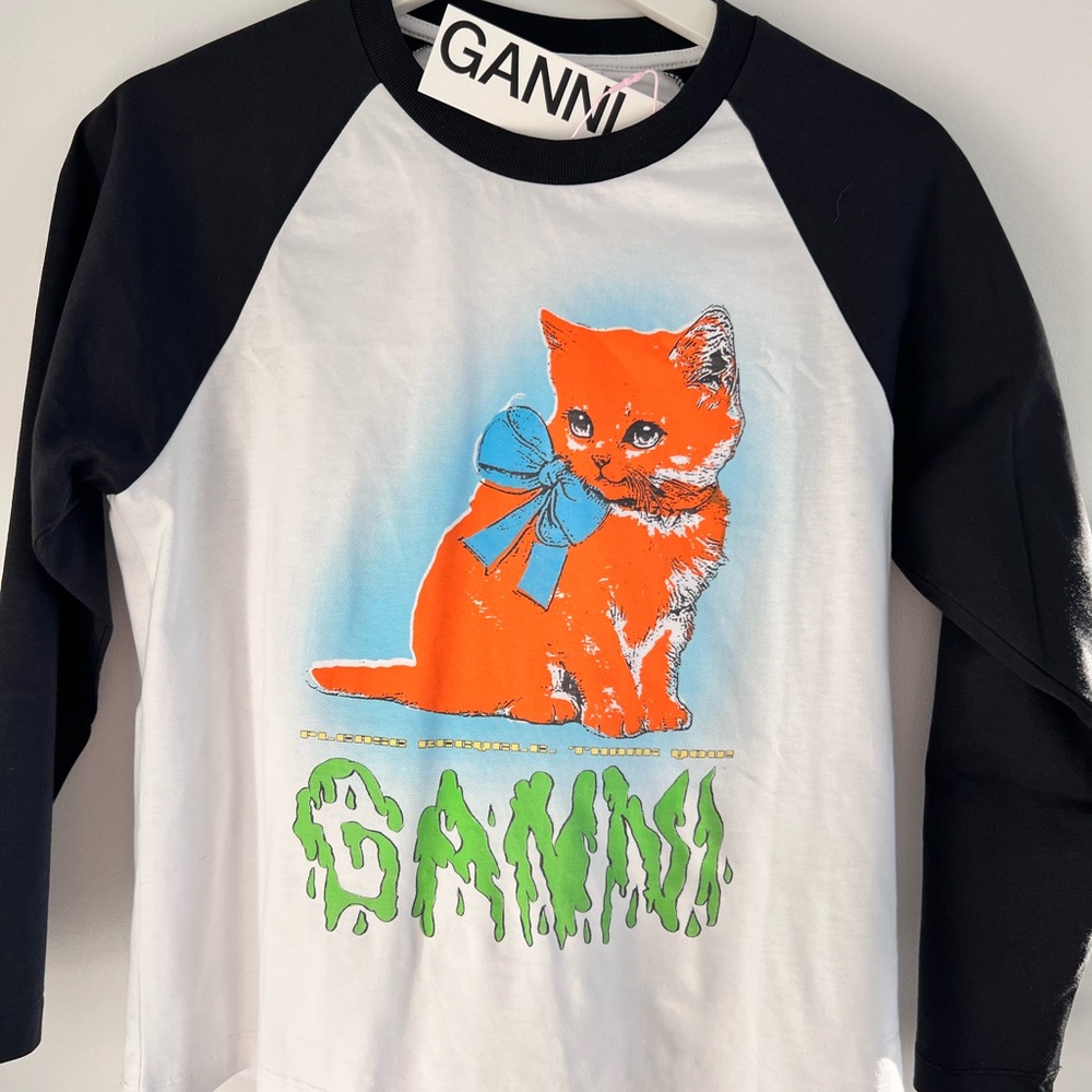 GANNI White Baby Fit Kitty Long Sleeve Tee- NWT
